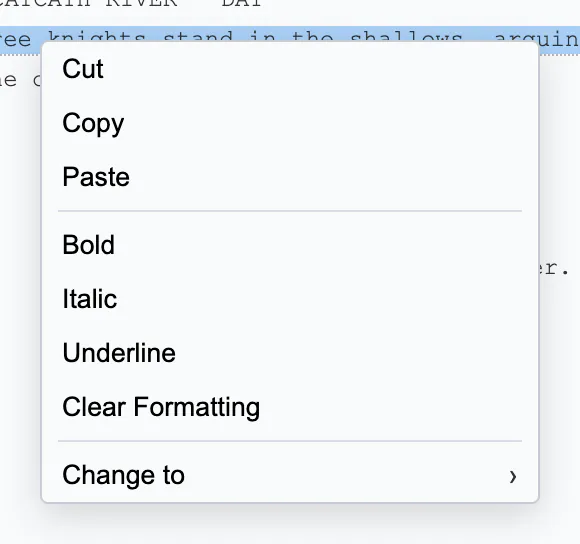 Write Mode context menu with Cut, Copy, Paste, Bold, Italic, Underline, Clear Formatting and Change to